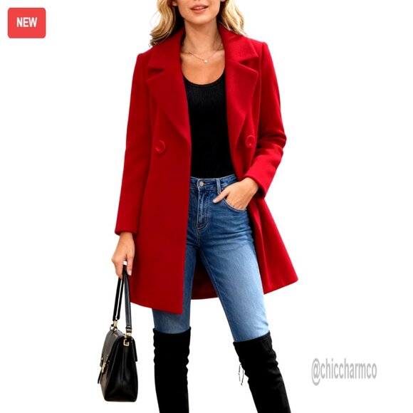 Wool Blend Pea Coat Long Sleeve Slim Fit Winter Overcoat Dress Coat